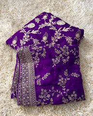 Pure Crape Brocade with Pure  Viscose Organza Purple Suit Set