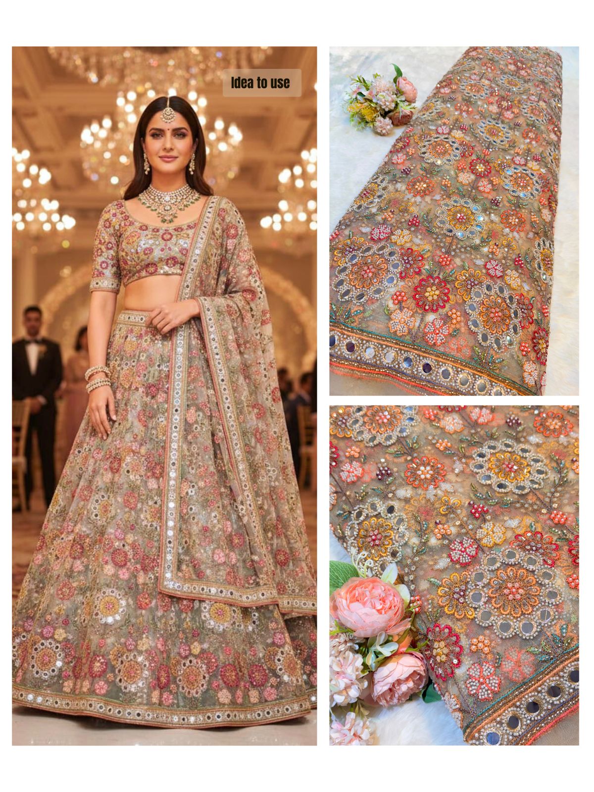 Net Big Width Handwork Embroidery Multi Color 54 inch width