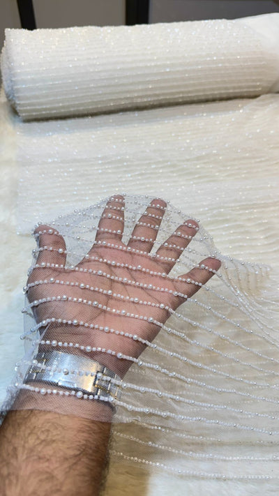 Net Stripe Handwork Nets with Cutdana and Pearl work 54 inch width