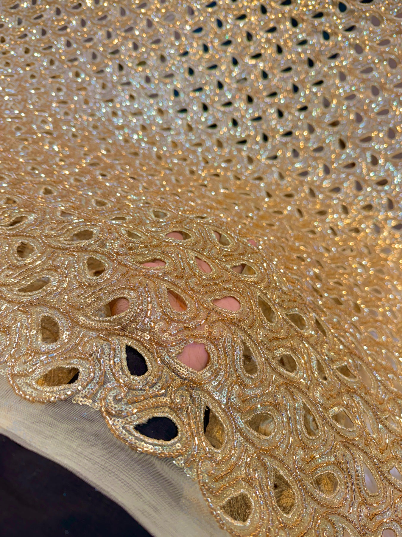 Cutwork Handwork Gold Net Handwork with Cutwork Embroidery 44 inch width – Fabric Forever