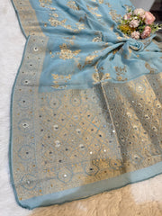 Shehnaaz Aqua Blue Pure Georgette Banarsi Dupatta With Handwork 2.50 meter length