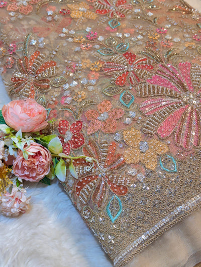 Net handwork with Threadwork Embridery 50 inch width Beige color base