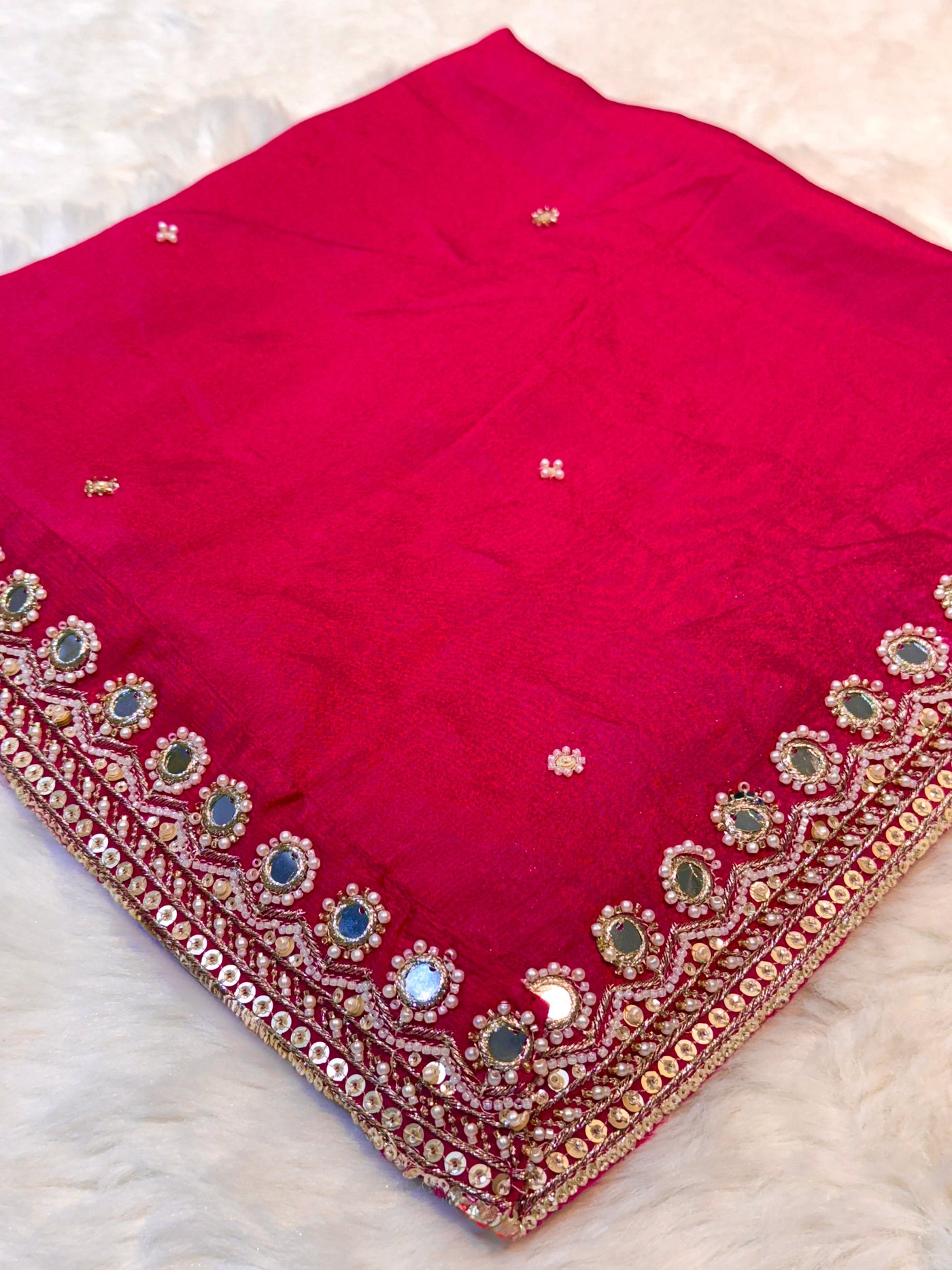 Hot Pink Pure Chinon Handwork Dupatta with Four Side Mirror Cutdana Work Borders (2.40 meter length )