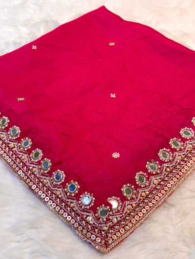 Hot Pink Pure Chinon Handwork Dupatta with Four Side Mirror Cutdana Work Borders (2.40 meter length )