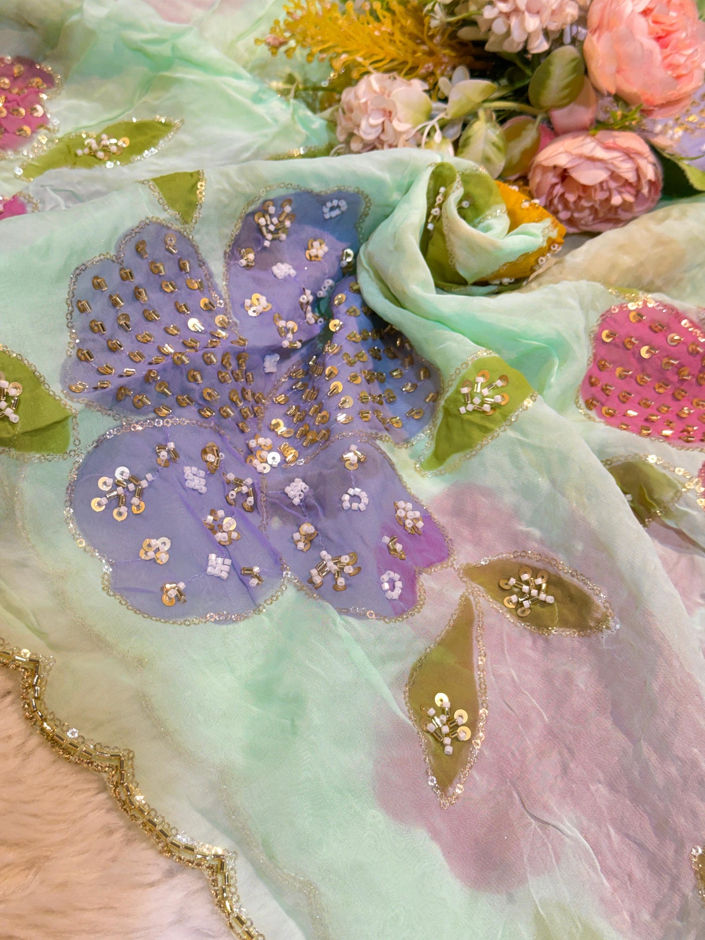 Ayesha Sea Green Pure Organza Handwork Dupatta With Floral Work and Four Side Scalloped Borders 2.40 meter length