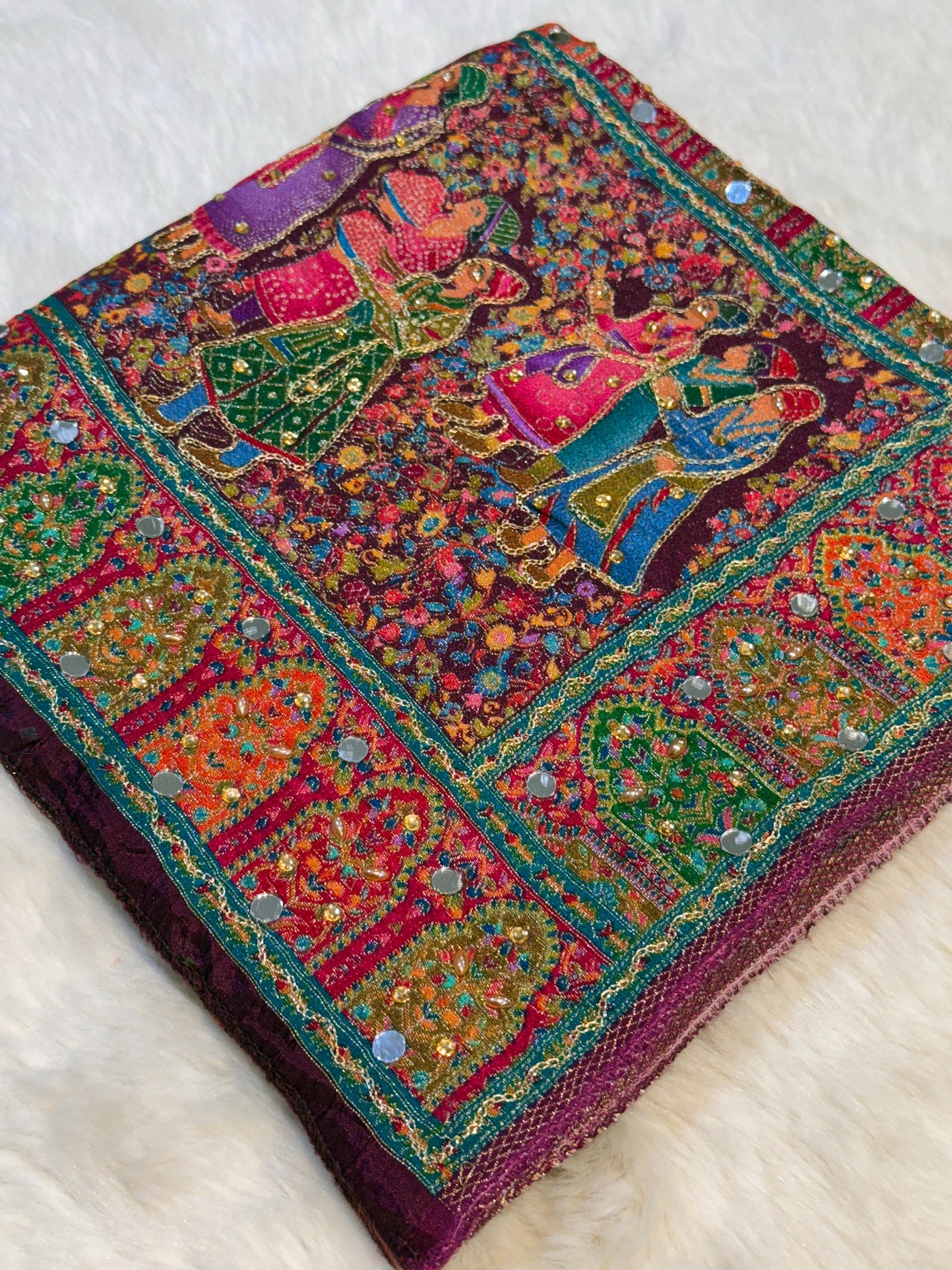 Darbar Wine Pure Silk Dupatta with Real Handwork 2.50 meter length