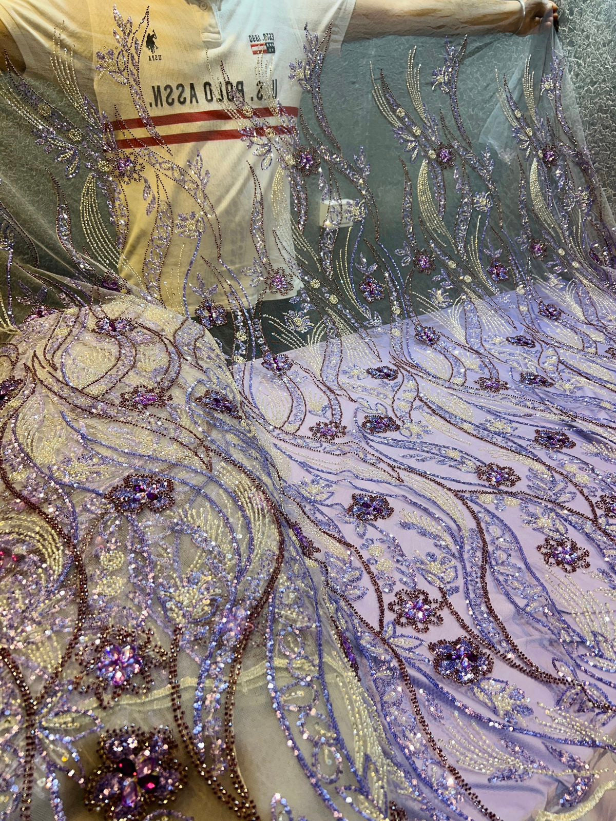 Lavender Handwork Net Embroidery with Crystal Work