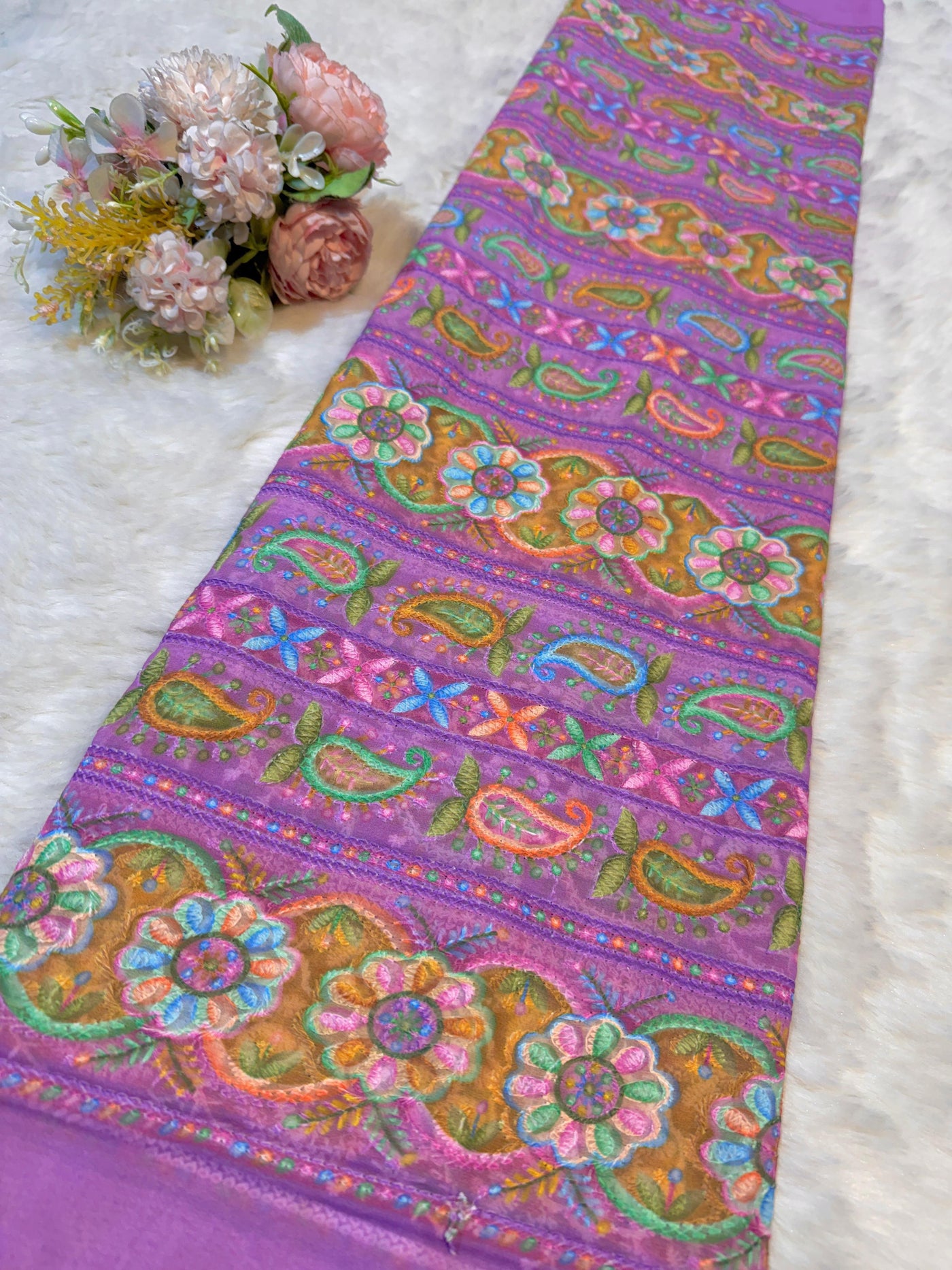 Purple Georgette Chikankari Stripe Floral Threadwork Embroidery 44 inch width