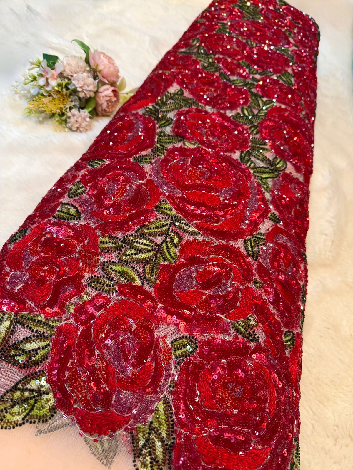 Beige  Rose Bouquet Handwork Net Embroidery 54 inch width With sequins and Cutdana Work