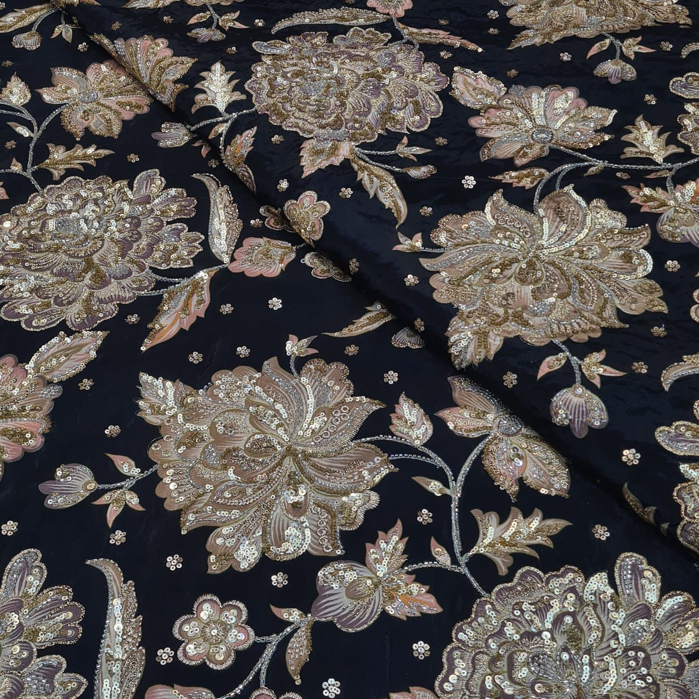 Black Mix Match Combination - Pure Crape Floral Embroidery / Pure Visc ...