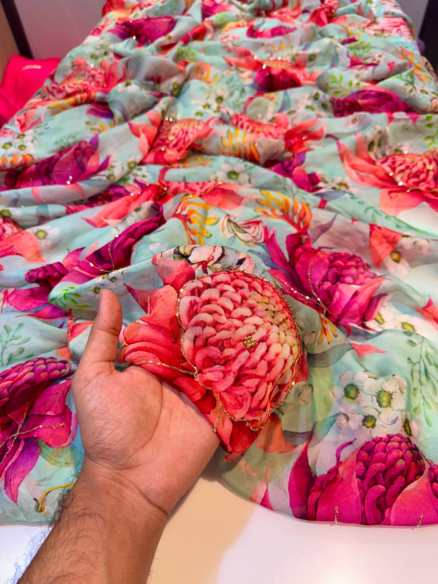 Mint Green Mezzo Supersoft Tabby Silk Handwork Floral 44 inch width