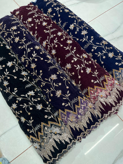 (Mix and Match ) Pure Velvet Handwork Embroidery 54 inch width / velvet  Dupatta With Two side Borders  37 inch width