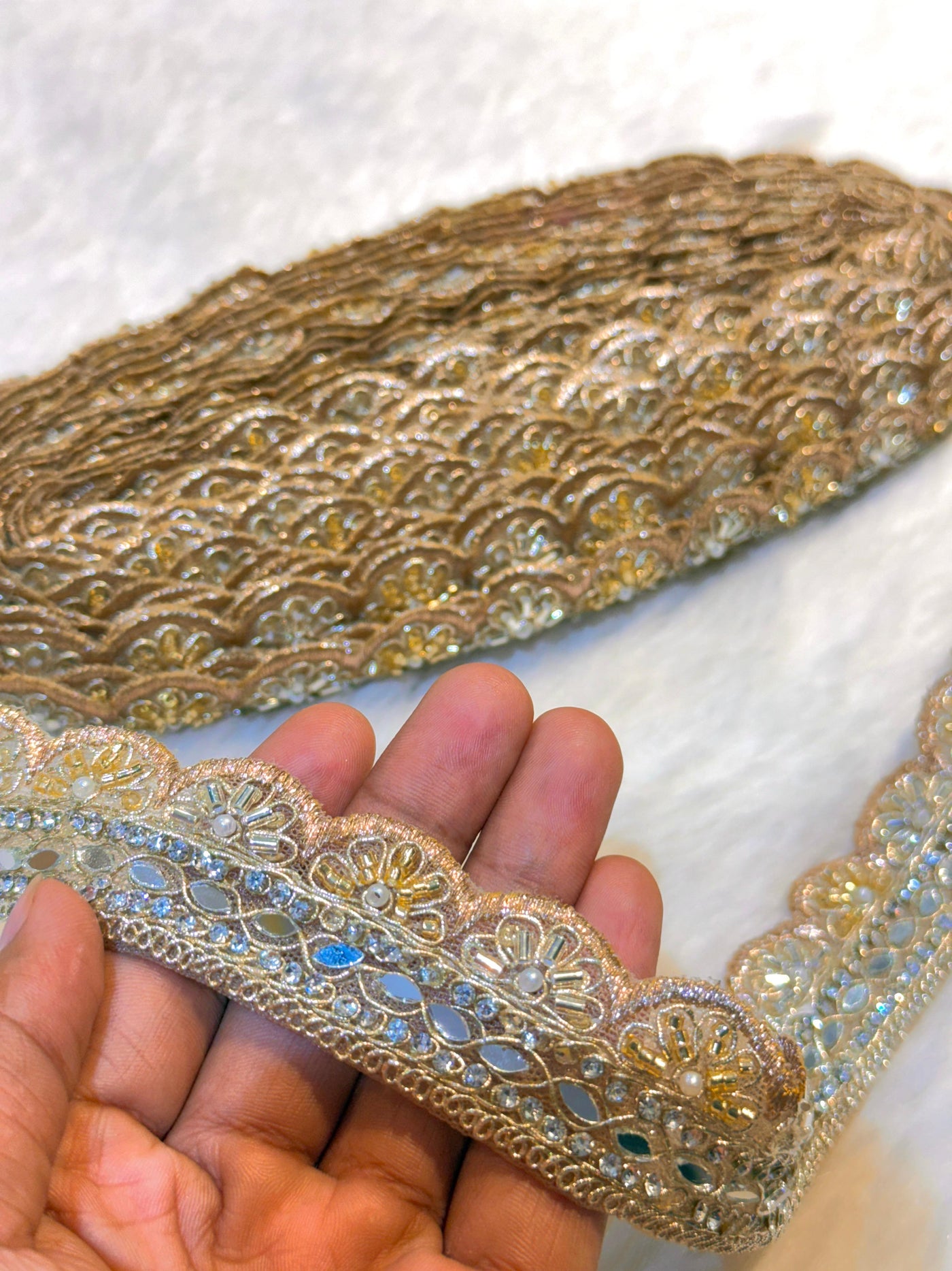 (Wholesale pack of 9 meter ) Lace Border With Cutdana Pearl Stone and Mirror work