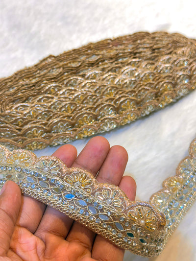(Wholesale pack of 9 meter ) Lace Border With Cutdana Pearl Stone and Mirror work