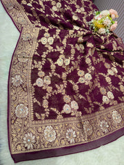 Sandook Wine Pure Georgette Banarsi Dupatta With Handwork 2.50 Meter length