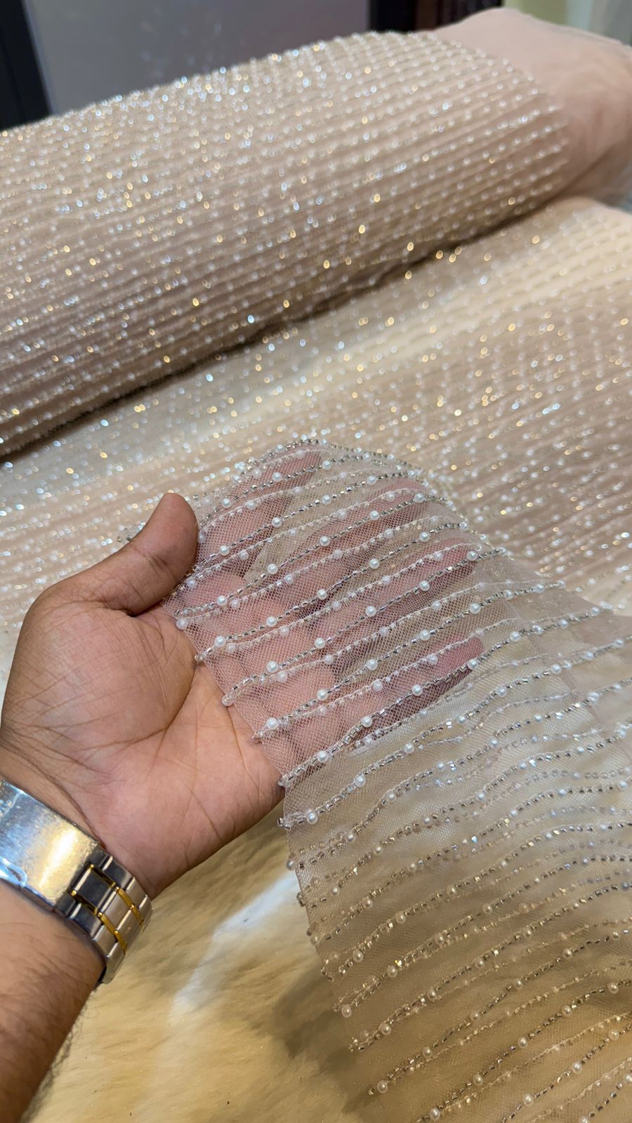 (Precut of 0.55 Meter) Net Stripe Handwork Nets with Cutdana and Pearl work 54 inch width