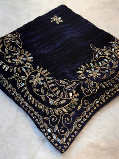 Navy Blue Pure Crush Velvet Real Mirror Handwork Dupatta 2.50 meter length