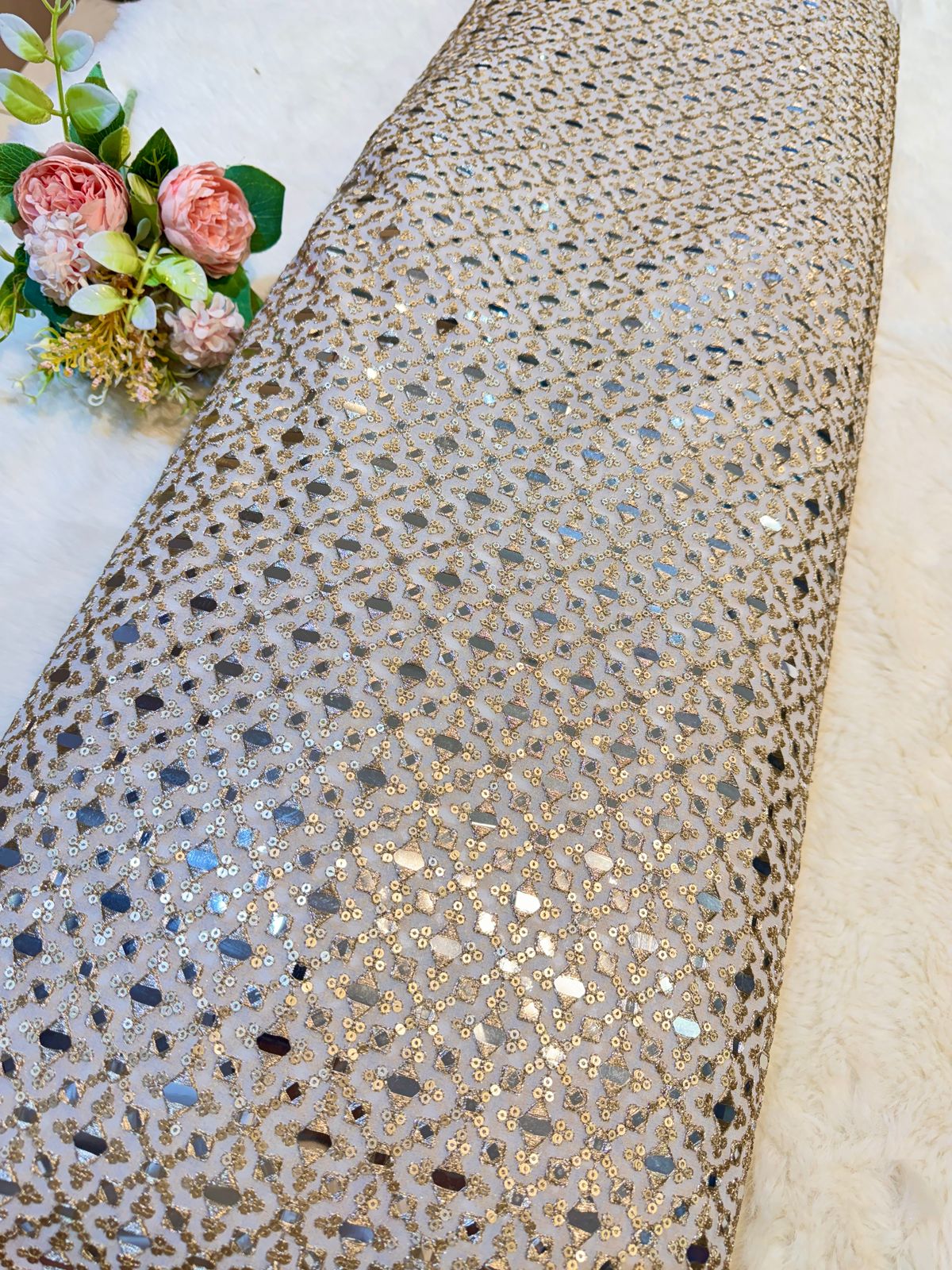 Sial Pure Viscose Georgette Mirror And Sequins  Embroidery  Dyeable 44 Inch Width
