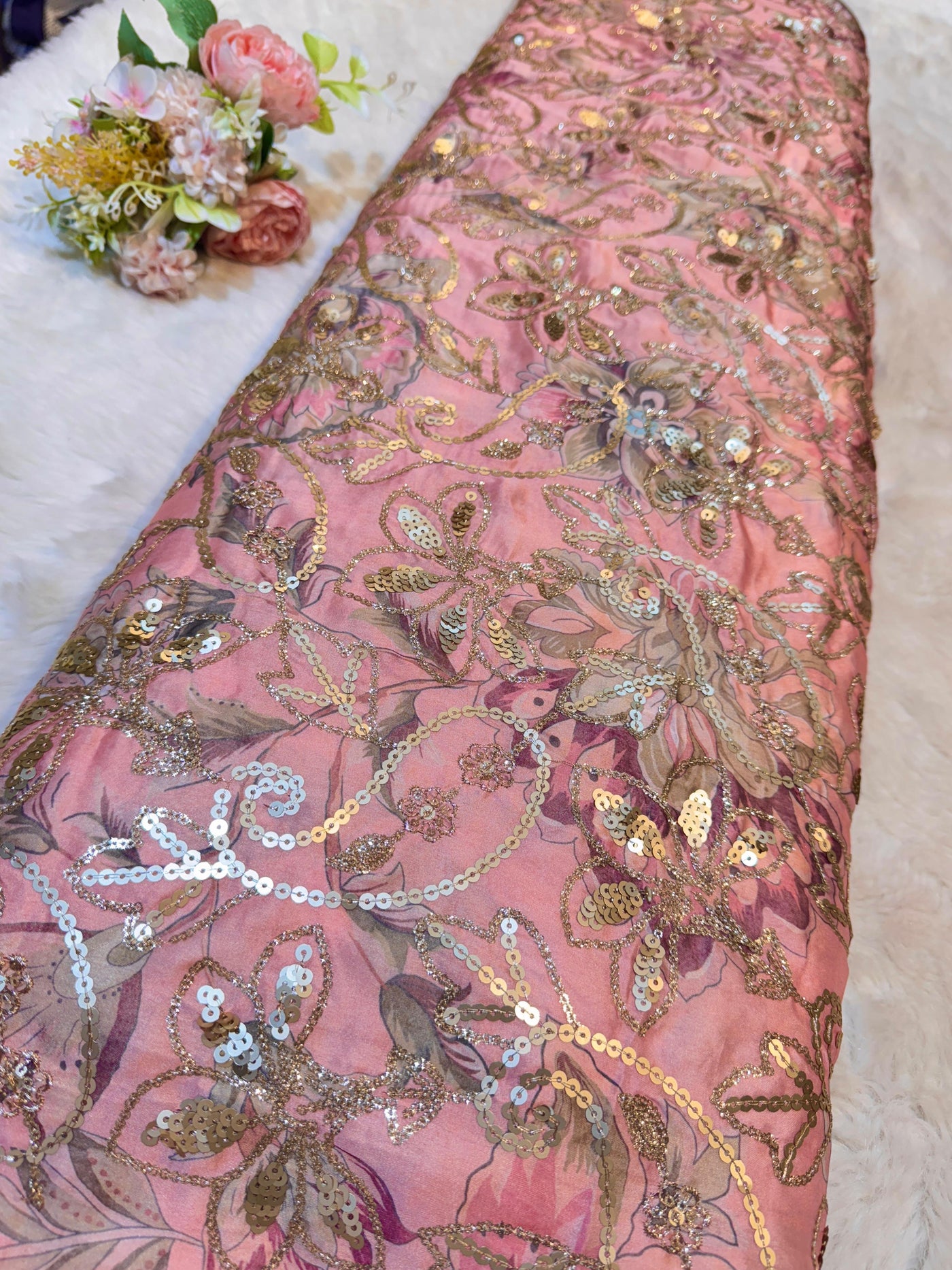 Ifra Satin Georgette Floral with Sequins Embroidery 44 inch width