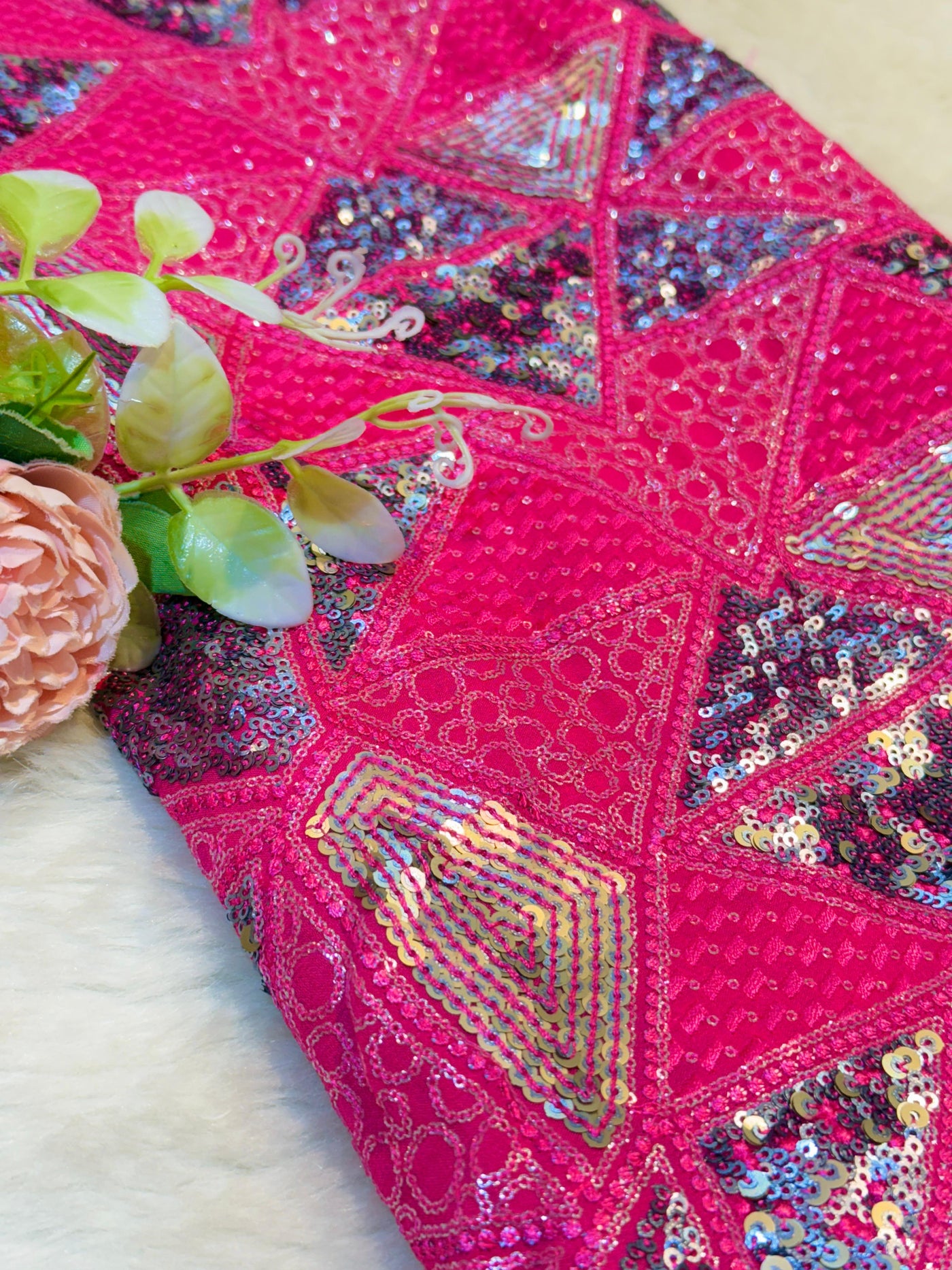 Hot Pink Georgette Thread And Sequins Embroidery Prism Pattern 44 inch width