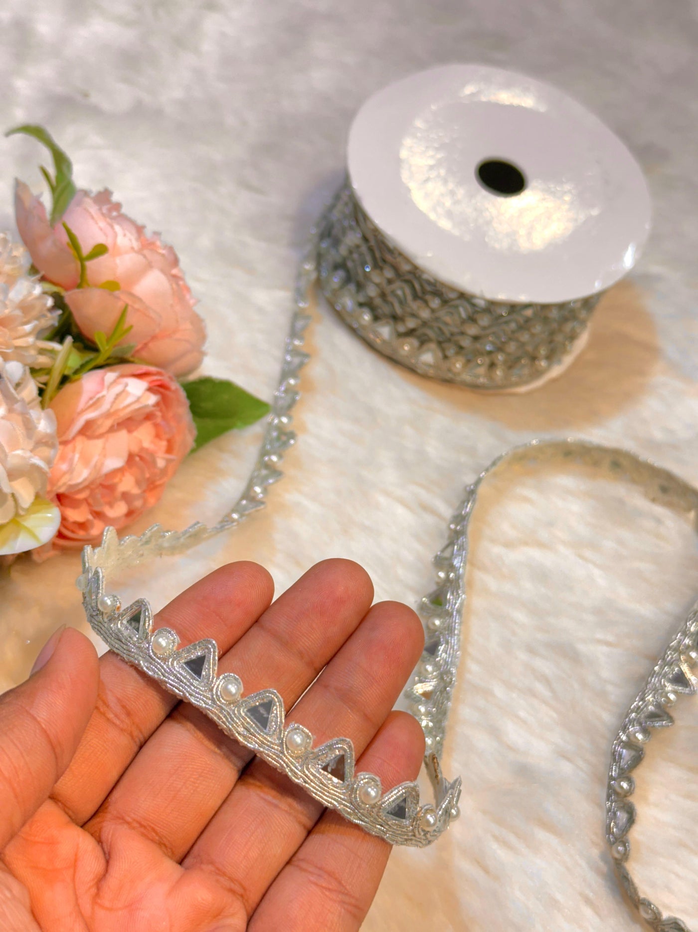 (Wholesale pack of 9 meter ) Lace Border With  Pearl and Mirror work