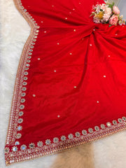 Bright Red Pure Chinon Handwork Dupatta with Four Side Mirror Cutdana Work Borders (2.40 meter length )