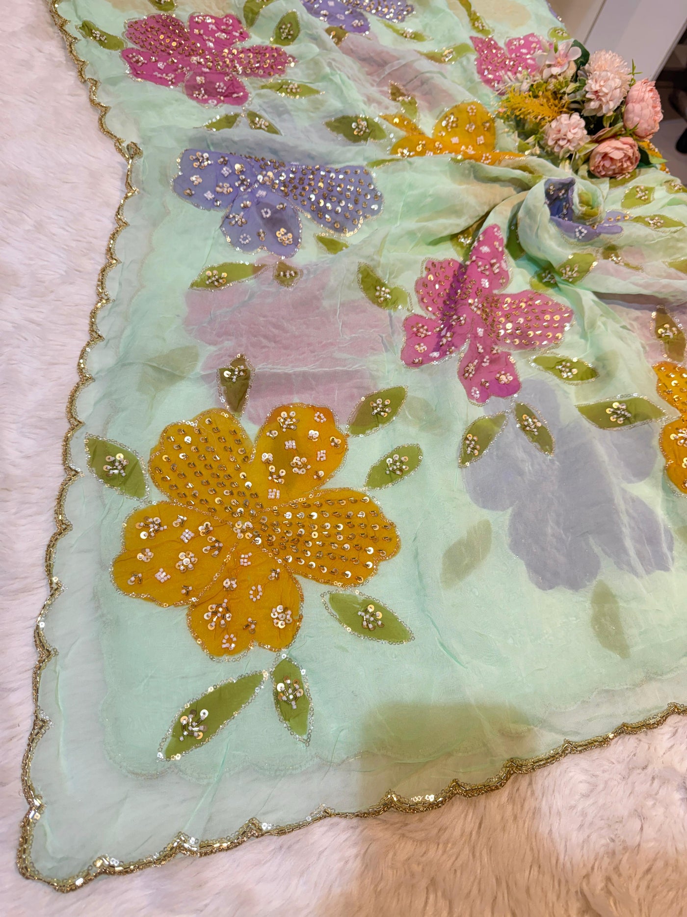 Ayesha Sea Green Pure Organza Handwork Dupatta With Floral Work and Four Side Scalloped Borders 2.40 meter length