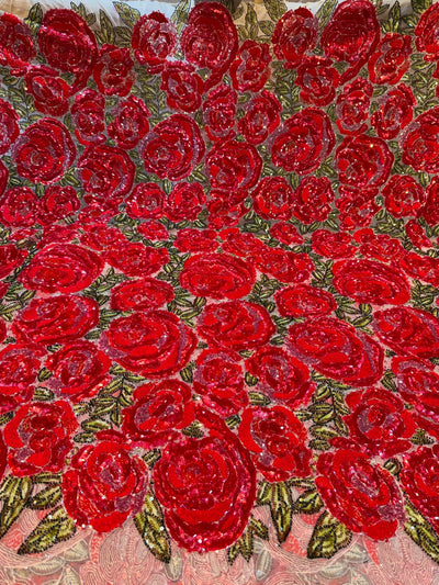 Beige  Rose Bouquet Handwork Net Embroidery 54 inch width With sequins and Cutdana Work