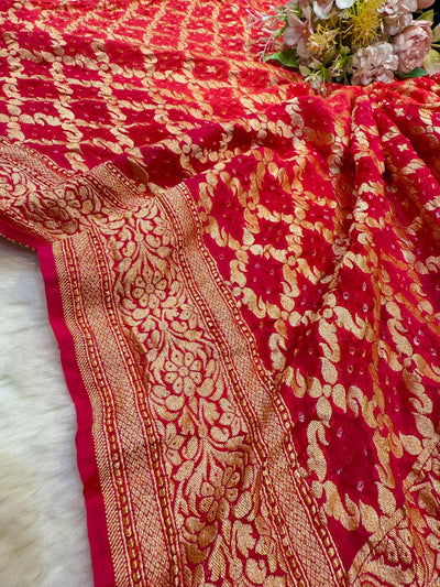 Pure Georgette Handmade Bandhini Dupatta with Banarasi Work 2.50 meter length