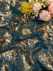 (Precut of 0.5 Meter) Teal Blue Georgette Thread And Sequins Embroidery Prism Pattern 44 inch width