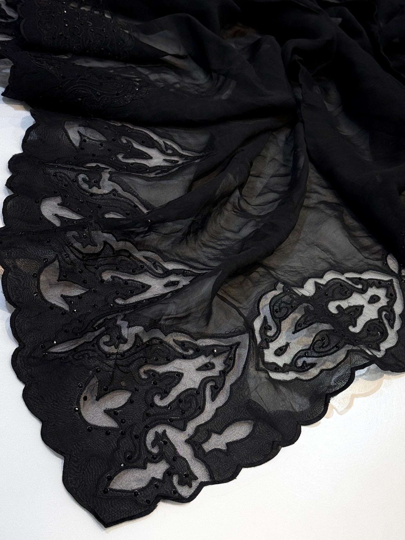 Black Pure Organza Handwork Dupatta with scallop borders 2.50 meter length with stone work
