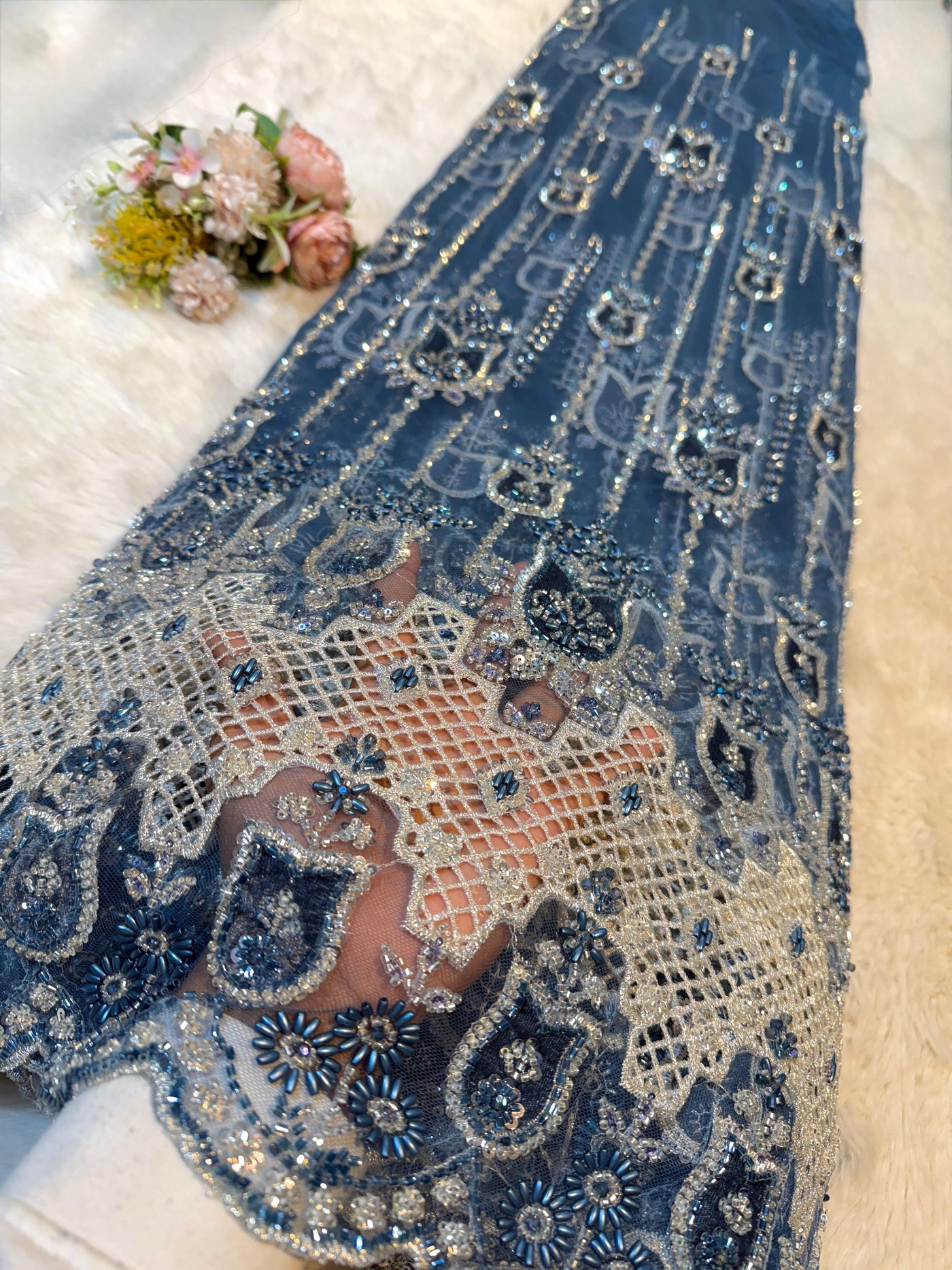 Imported Handwork Net Embroidery with Velvet Applique Work 54 inch width