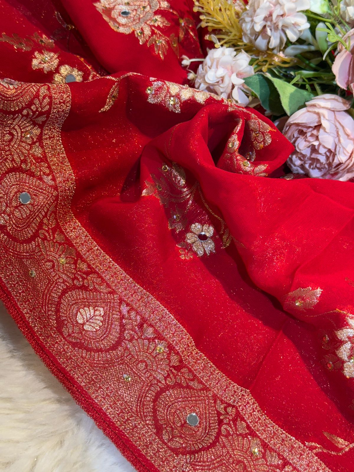 Shehnaaz Red Pure Georgette Banarsi Dupatta With Handwork 2.50 meter length