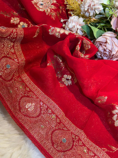 Shehnaaz Red Pure Georgette Banarsi Dupatta With Handwork 2.50 meter length