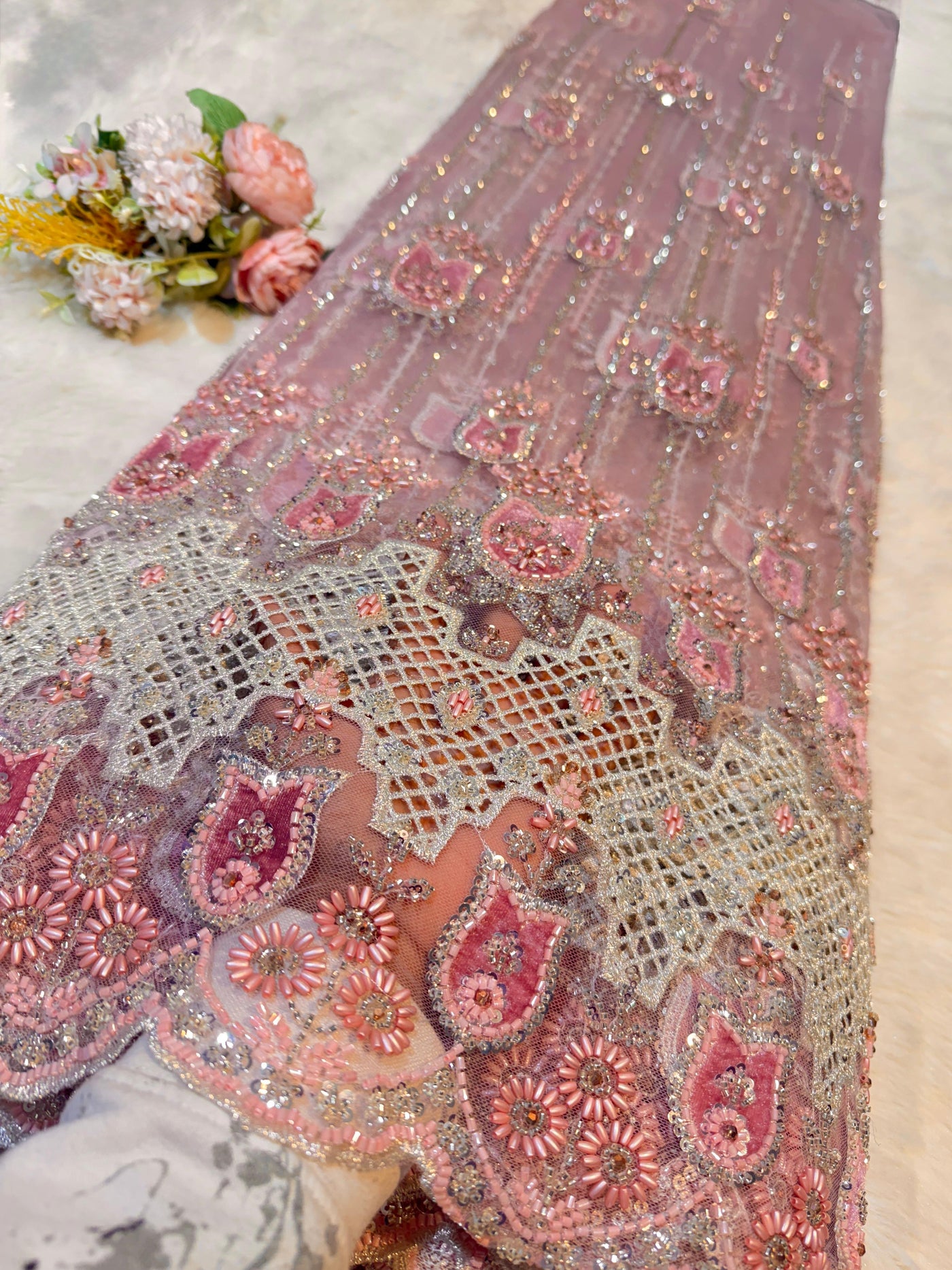 Imported Handwork Net Embroidery with Velvet Applique Work 54 inch width