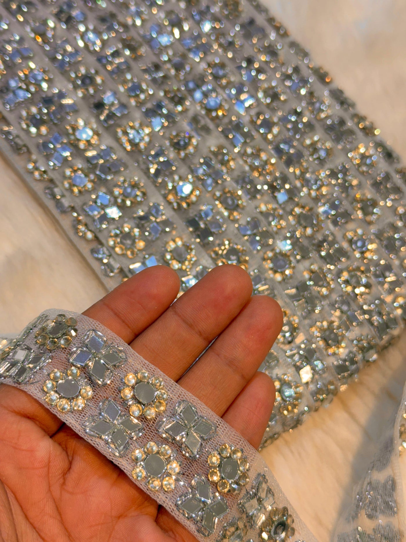 (Wholesale pack of 9 meter ) Lace Border With Stone and Mirror work