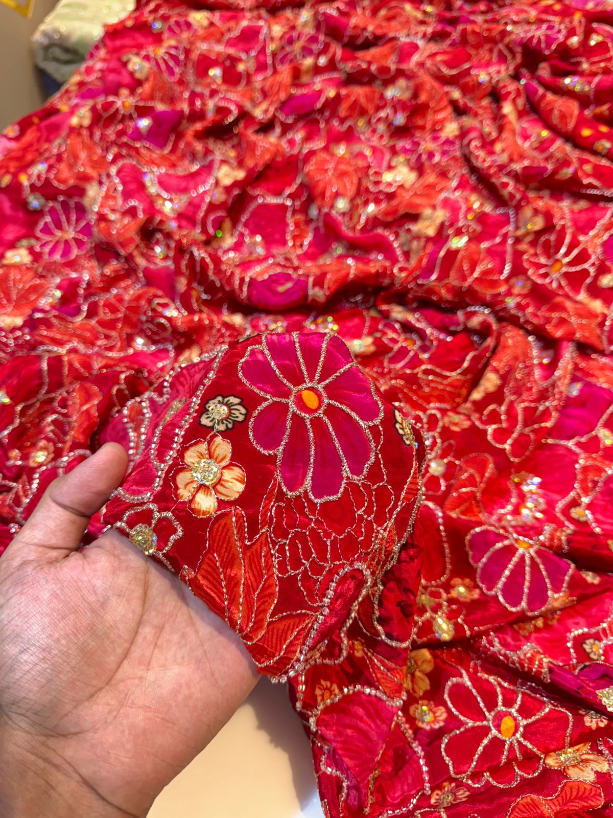 Luxury Crape Floral Print Embroidery With Handwork 44 Inch width