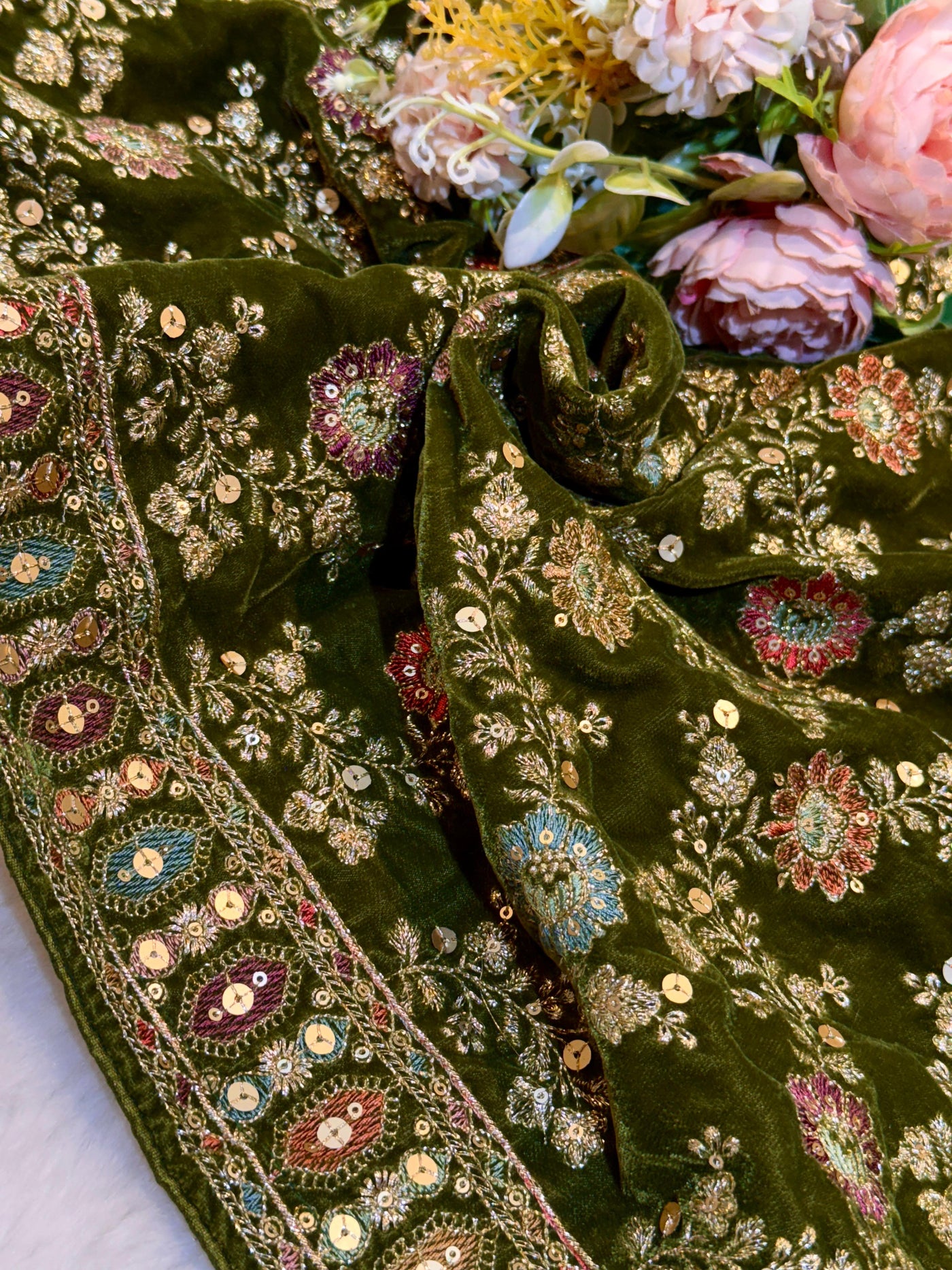 Olive Green Velvet Limited Edition Dupatta With Embroidery 2.40 meter length