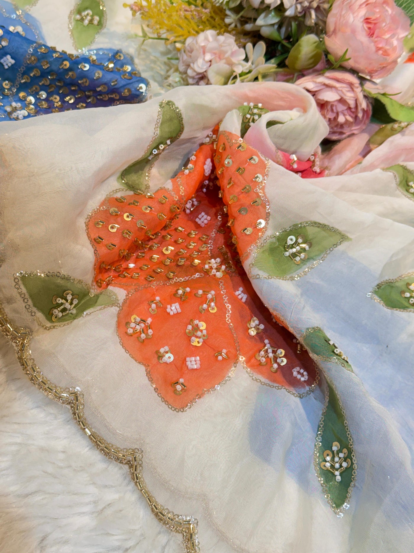 Ayesha white Pure Organza Handwork Dupatta With Floral Work and Four Side Scalloped Borders 2.40 meter length