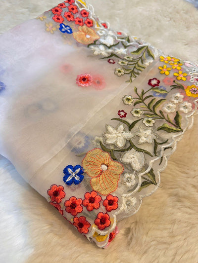 Kiara Luxury Organza Scalloped Dupatta With Threadwork Florals 2.50 meter length 38 inch width (Dyeable To Light Shades )
