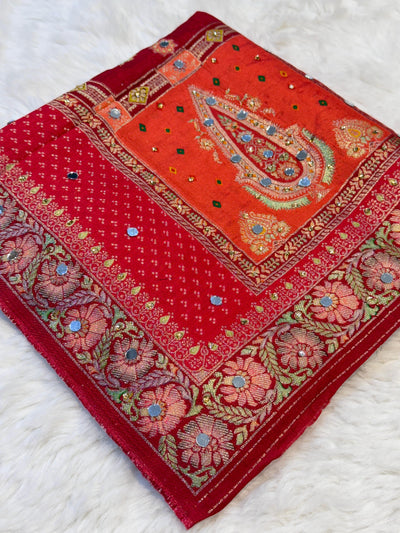 Sajda Red Pure Silk Dupatta With Real Mirror Handwork 2.50 meter length