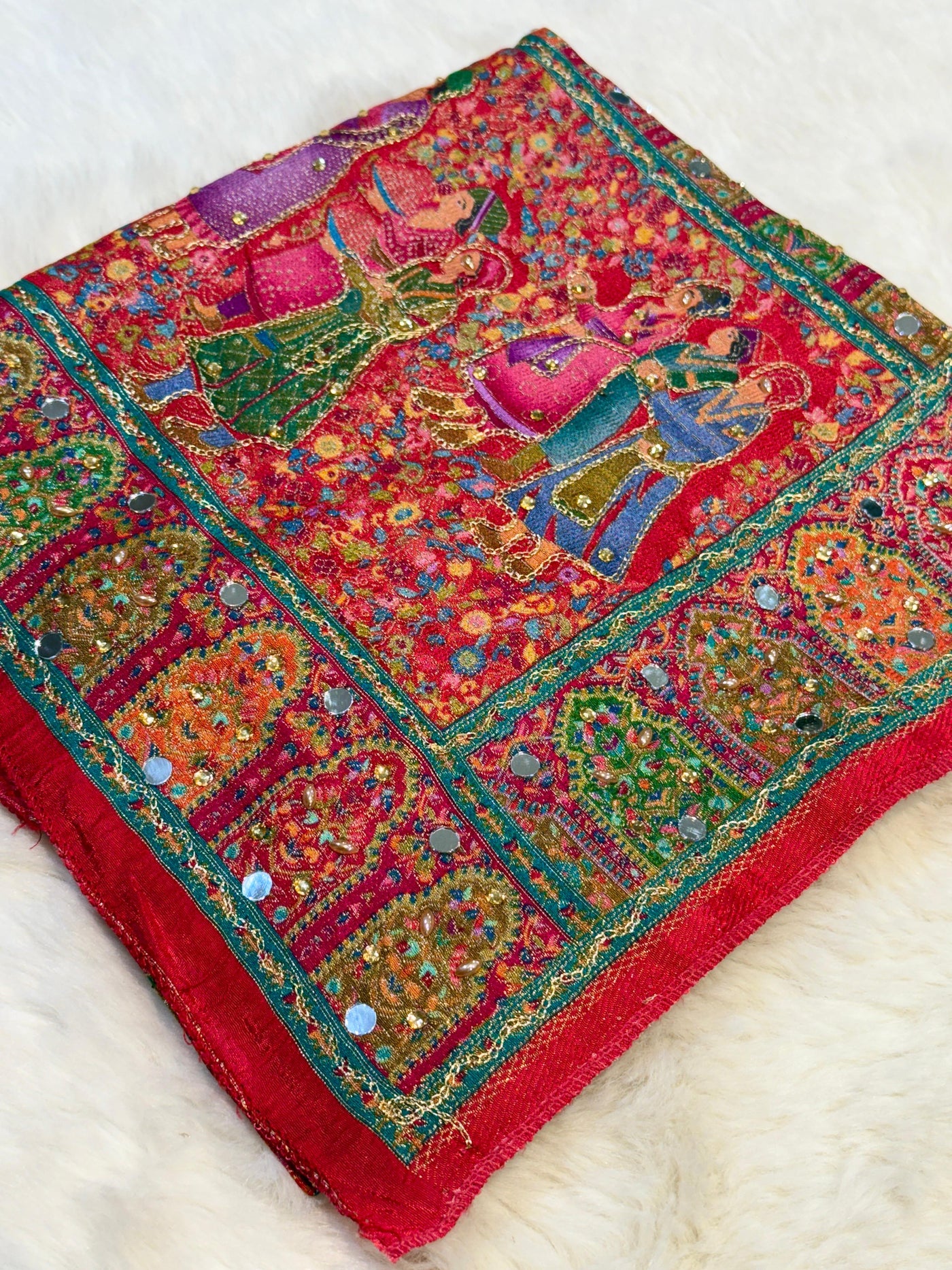 Darbar Red Pure Silk Dupatta with Real Handwork 2.50 meter length