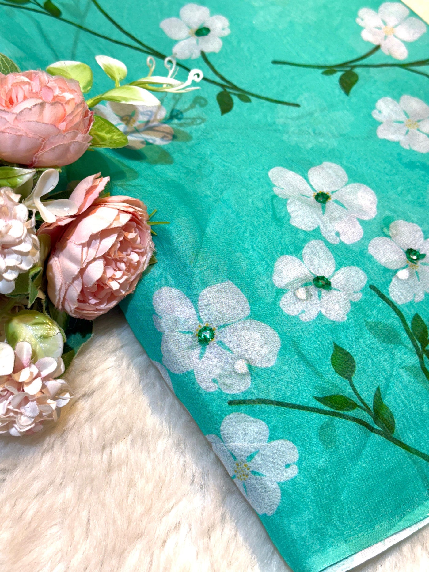 Simran Pure Georgette Floral Print With Mirror Highlights 44 inch width Aqua Green Color