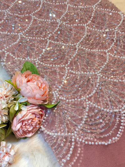 Elif Lite Pink Color Handwork Net Embroidery With Pearl Sequins and Cutdana Work 50 Inch width
