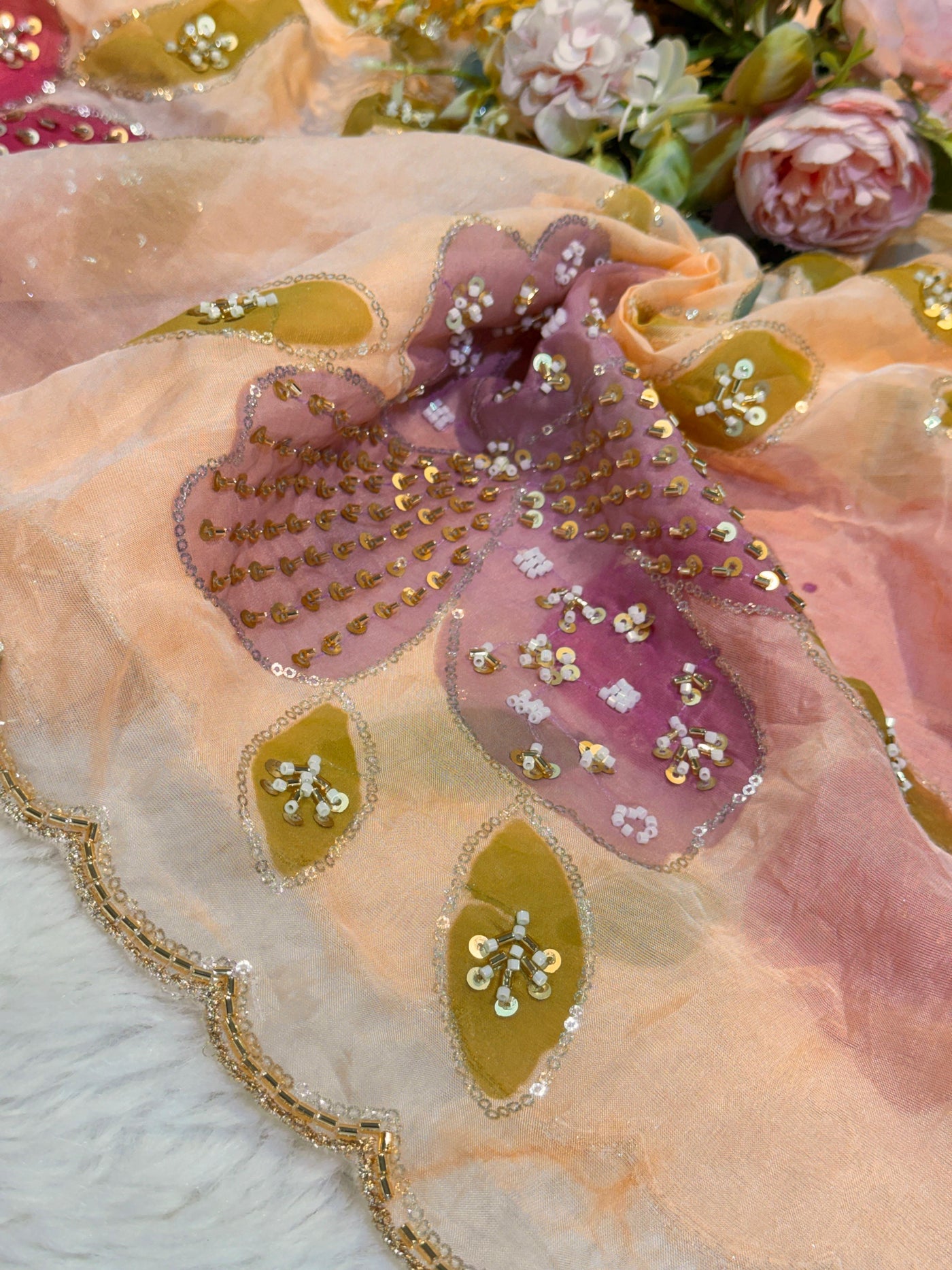 Ayesha Peach Pure Organza Handwork Dupatta With Floral Work and Four Side Scalloped Borders 2.40 meter length