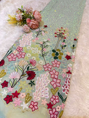 (Precut of 0.30 Meter)  Mint Green Georgette Thread And Sequins Embroidery 44 Inch width