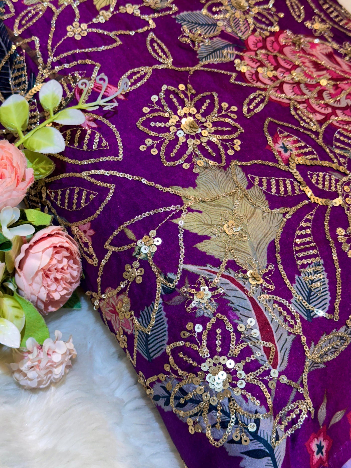 Ifra Satin Georgette Floral with Sequins Embroidery 44 inch width