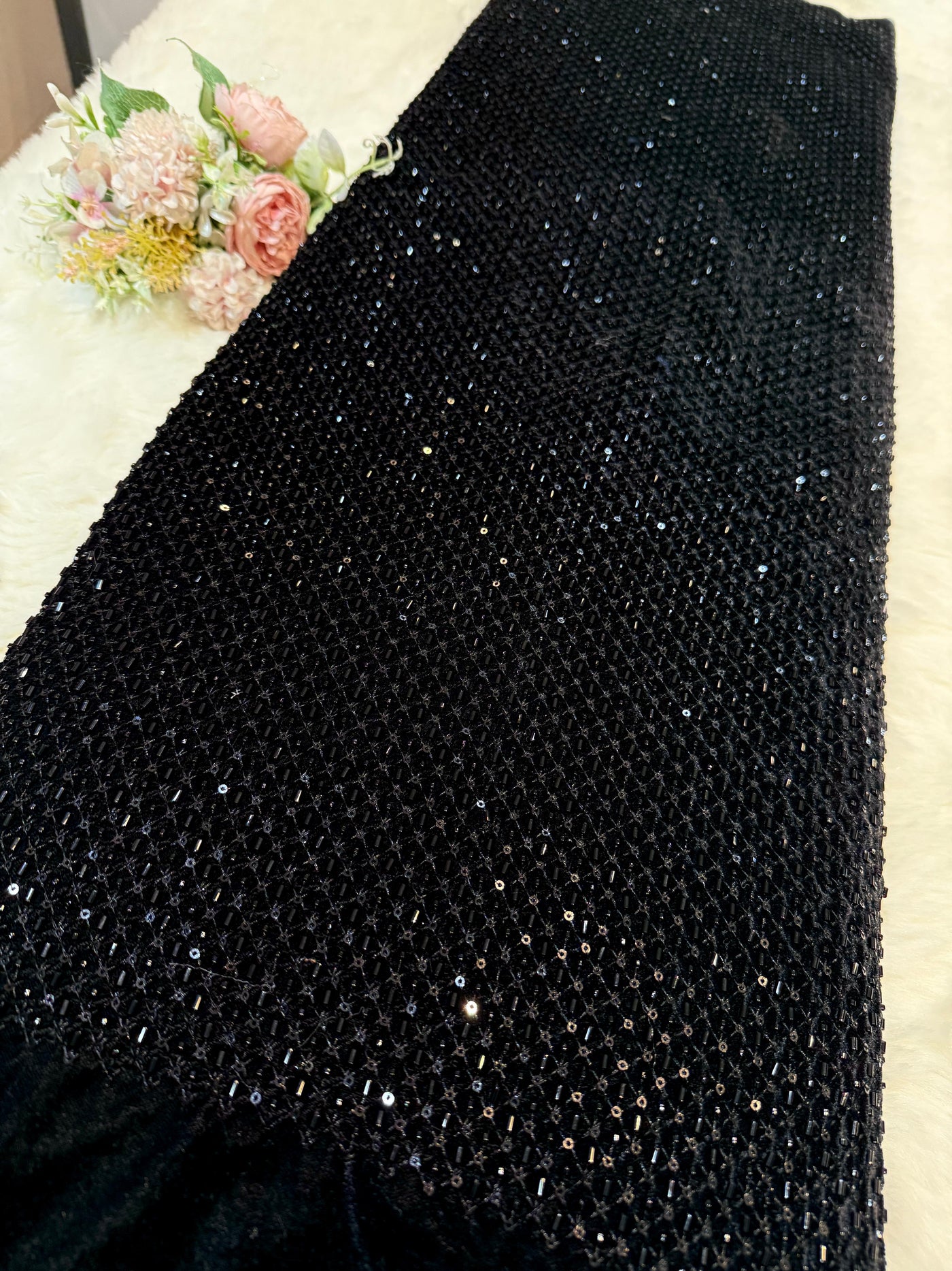 Velvet Net Cutdana and Sequins with Threadwork Embroidery 44 Inch Width