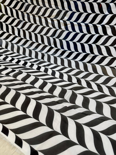 (Precut of 1 Meter) Satin Georgette Print Black White Pattern Geometric 44 Inch width