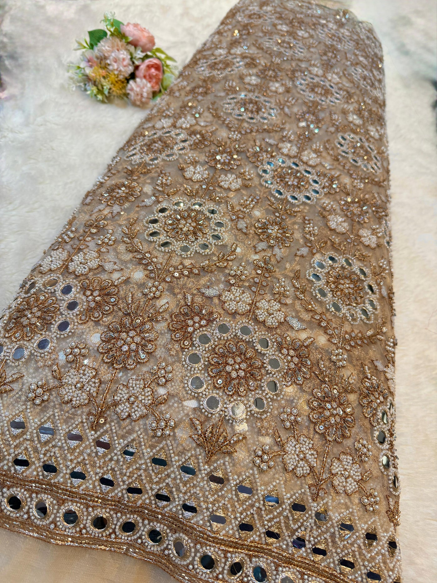 Net Big width Handwork Embroidery Beige colour 54 inch width
